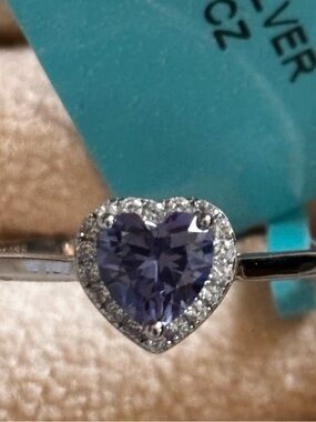Heart Halo Purple CZ Sterling Ring - Tanzanite